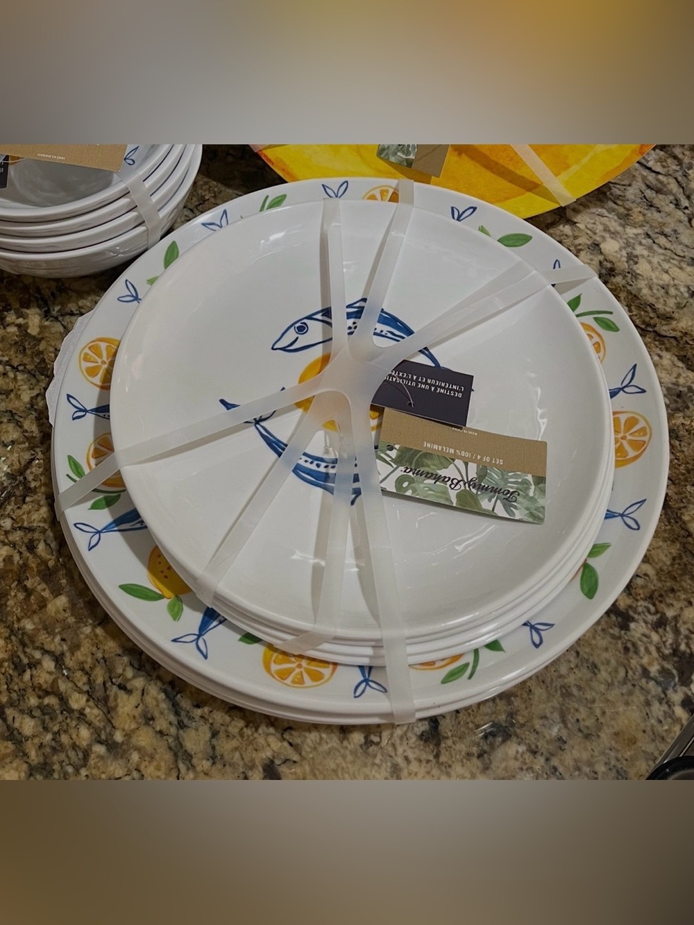 Tommy Bahama Melamine mediterranean lemon & fish dinner and salad plate set NEW